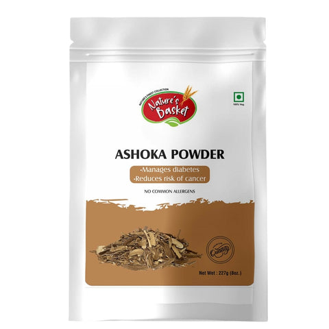Packaging of Nature's Basket Ashoka Powder, with the product visible through a clear window.