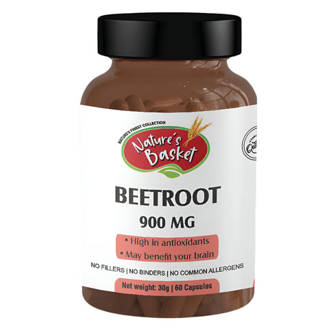 A bottle of Nature's Basket Beetroot Powder Capsule with 60 capsules, labeled 900 mg strength, with benefits highlighted such as high in antioxidants.