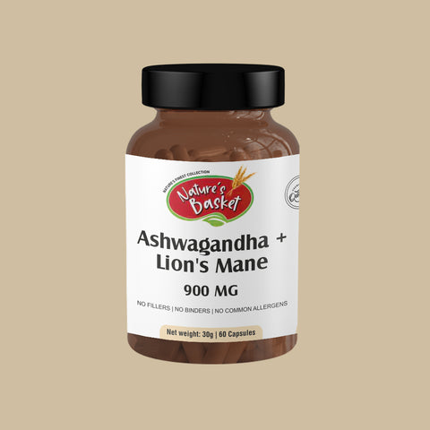 Bottle of Natures Basket Ashwagandha + Lion’s Mane Capsules – 60-count stress relief and cognitive support supplement.