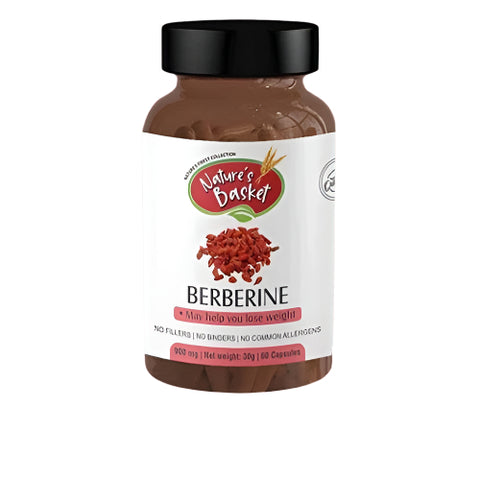 A bottle of Nature's Basket Berberine capsules against a red background.