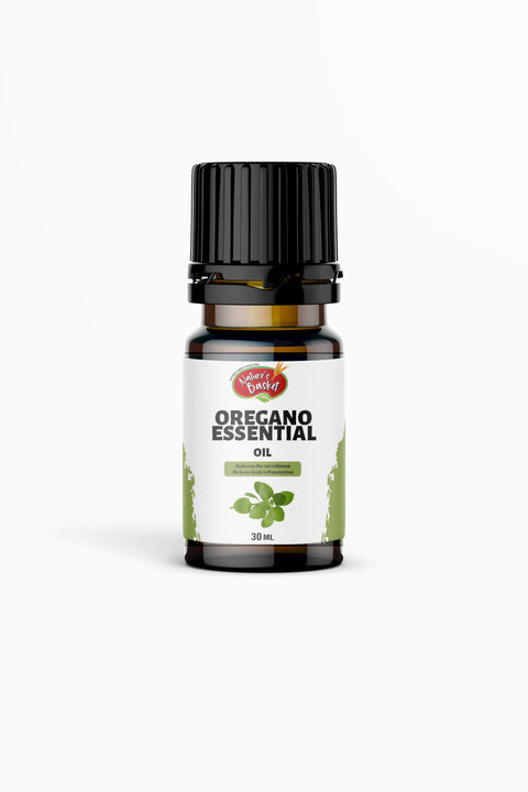 A bottle of Natures Basket Oregano Essential Oil, 30ml, with a white label and green oregano illustration.