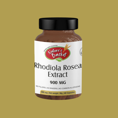 Natures Basket Rhodiola Rosea Extract Capsules – Bottle front and back view, 60 vegetarian capsules
