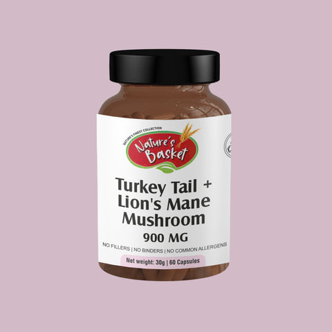 Bottle of Natures Basket Turkey Tail + Lion’s Mane Mushroom Capsules – 60-count brain and immunity supplement.