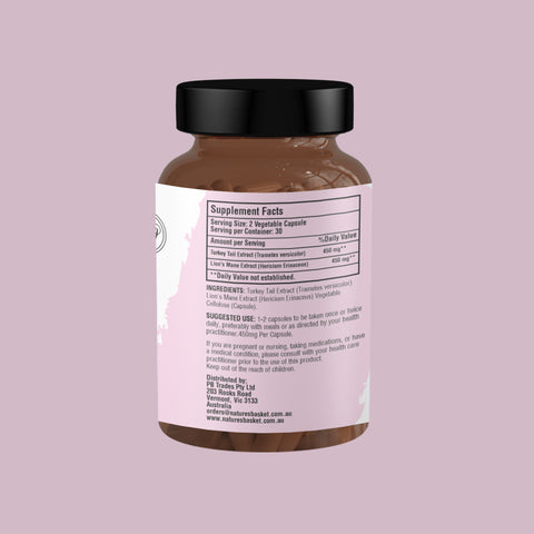 Turkey Tail + Lion’s Mane Mushroom Capsules – 450mg | 60 Caps | Natures Basket