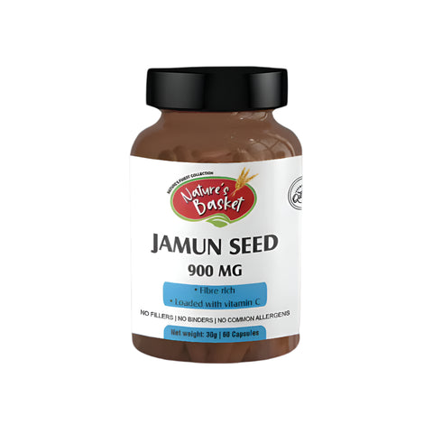 A bottle of Nature's Basket Jamun Seed 900 MG with 60 capsules, indicating no fillers, binders, or common allergens.