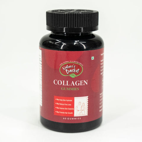 Collagen supplement bottle with red label on a white background