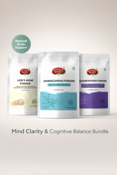 Nature’s Basket Mind Clarity & Cognitive Balance Bundle with Lion’s Mane, Ashwagandha and Shankhpushpi powders