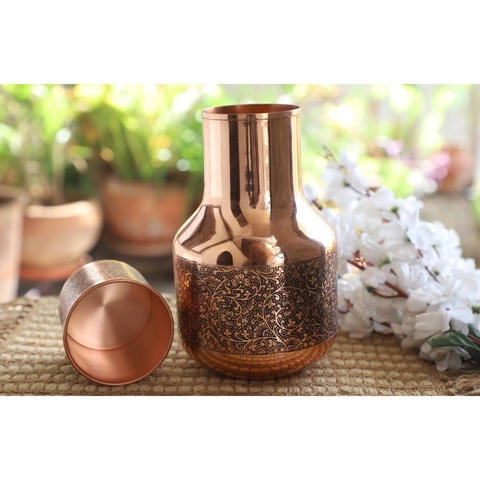 Copper Hammered Embossed Pitcher Bottle with Glass 1530ml