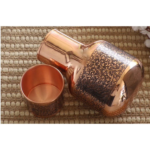 Copper Hammered Embossed Pitcher Bottle with Glass 1530ml