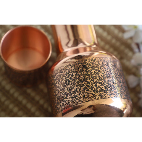 Copper Hammered Embossed Pitcher Bottle with Glass 1530ml