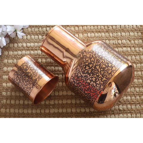Copper Hammered Embossed Pitcher Bottle with Glass 1530ml