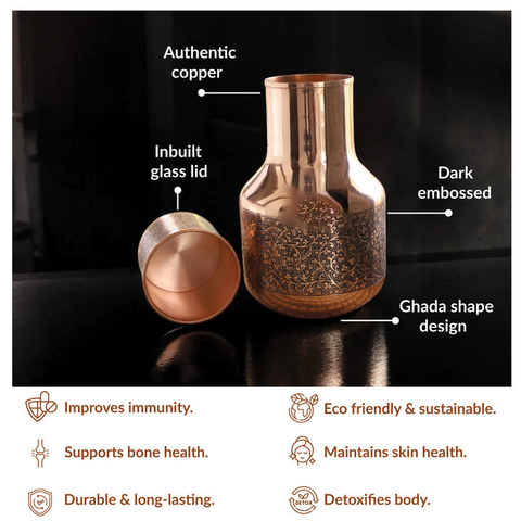 Copper Hammered Embossed Pitcher Bottle with Glass 1530ml