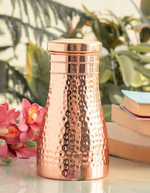 Copper Hammered Bedroom Bottle with Inbuilt Glass 950ml
