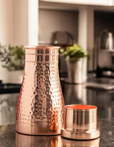 Copper Hammered Bedroom Bottle with Inbuilt Glass 950ml