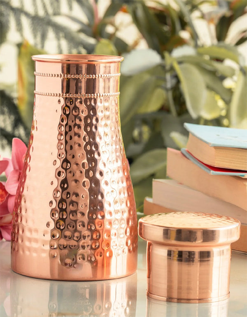 Copper Hammered Bedroom Bottle with Inbuilt Glass 950ml