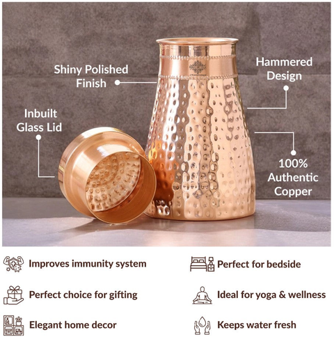 Copper Hammered Bedroom Bottle with Inbuilt Glass 950ml