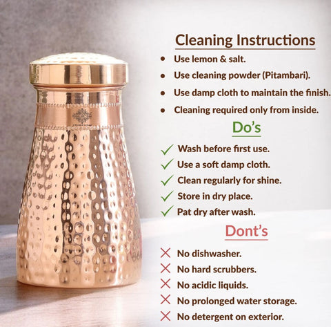 Copper Hammered Bedroom Bottle with Inbuilt Glass 950ml