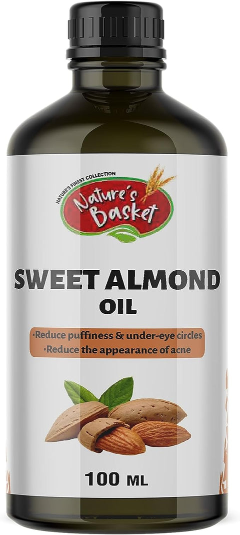 Nature's Basket Sweet Almond Oil (Badam Oil) 100% Cold-Pressed, Pure & Natural, Unrefined, Therapeutic Grade Carrier Oil-Promotes Healthy Looking Skin, Great As Baby Oil, Anti-Wrinkles, Anti-Aging - (100 Ml)