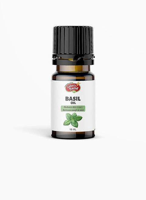 Nature's Basket Pure and Natural Basil Essential Oil for Skin, Hair Care, Stress Relief - Undiluted Essential Oil with Dropper for Aromatherapy and Relaxation - 15ml