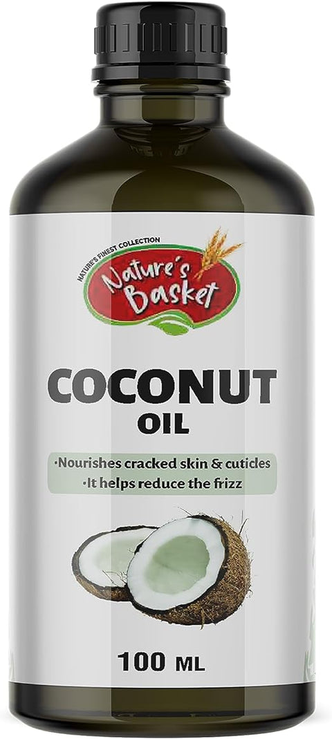 Nature's Basket Coconut Oil Hair Growth, Long & Shiny Hair & Skin Moisturization, Face & Body Massage, Nariyal/Khopa, 100% Pure, Natural & Cold Pressed, No Mineral Oil & Preservatives - 100 Ml