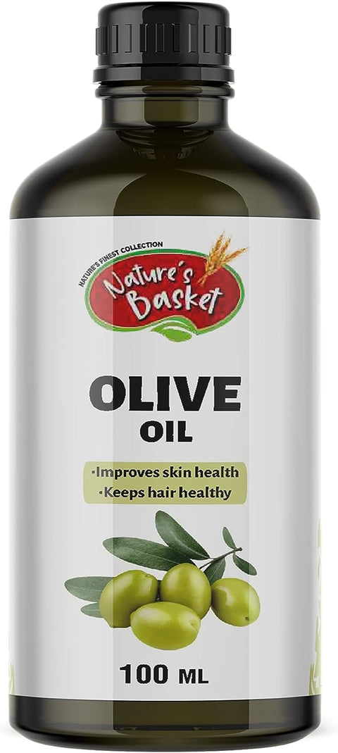 Nature's Basket Pure Olive Cold Pressed Carrier Oil For Hair & Skin, 100 ml Helps Strengthen Hair Roots, Deeply Moisturizes Skin, Helps Reduce Wrinkles & Fine Lines, No Alcohol, Parabens & Sulphates - 100 Ml