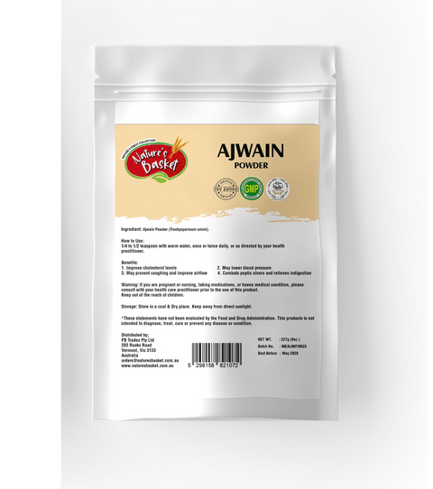 Package of Ajwain powder with 'Nature's Basket' branding on a white background