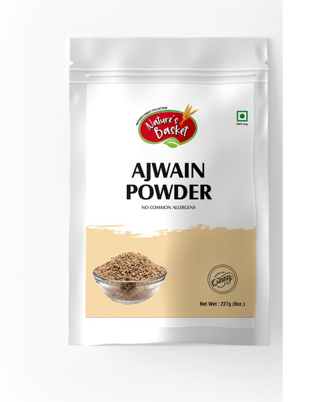 Front image of Natures Basket Ajwain Powder 227g – 100% pure ground carom seed supplement in eco-friendly packaging.