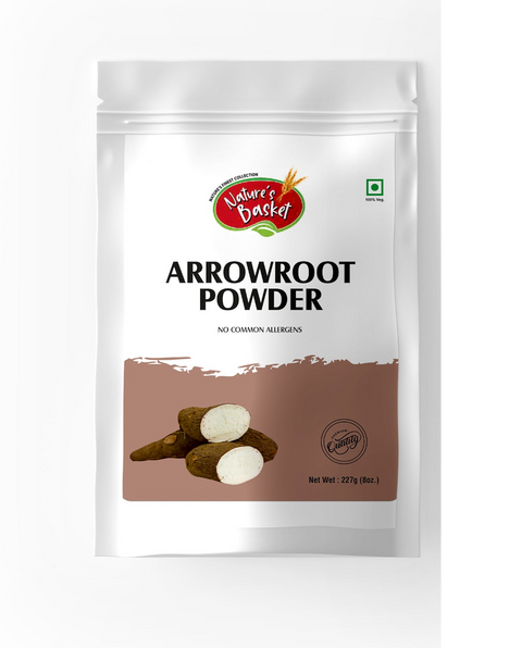 Front-facing image of Natures Basket Arrowroot Powder – 227g pouch, made from pure Maranta arundinacea root for digestive and culinary use.