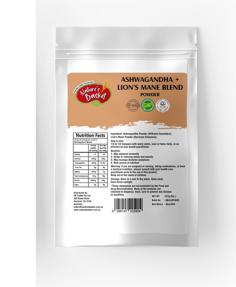 Package of Ashwagandha + Lion's Mane Blend Powder with Nature's Basket branding on a white background