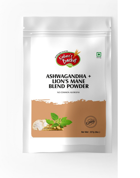 Ashwagandha + Lion’s Mane Powder Blend – 227g – Natural adaptogen and brain support supplement by Natures Basket.