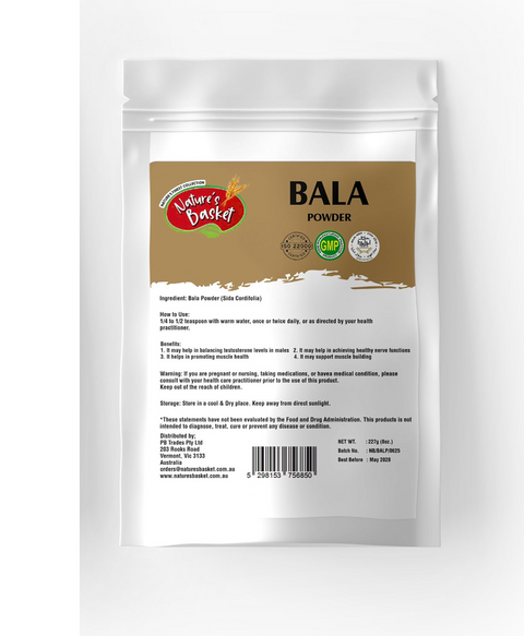 Package of Natures Bazaar Bala Powder on a white background