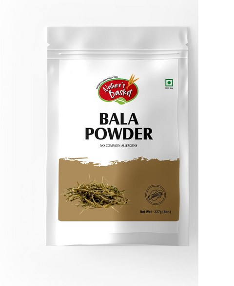 Front view of Natures Basket Bala Powder – 227g, traditional Ayurvedic rejuvenative supplement for energy and strength.