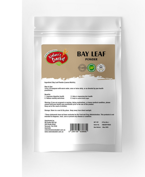 Package of Bay Leaf Powder with 'Nature's Basket' branding on a white background