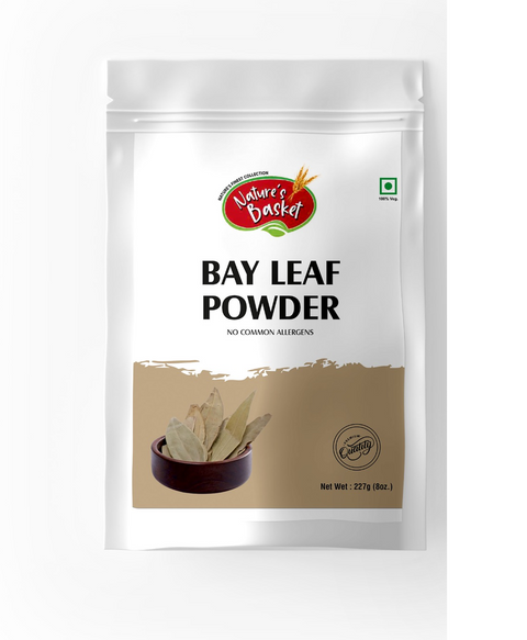 Front view of Natures Basket Bay Leaf Powder – 227g pouch made from pure Laurus nobilis for culinary and digestive wellness.
