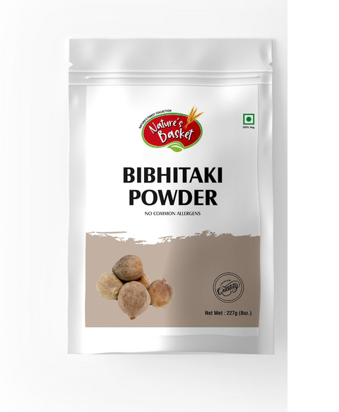 Front image of Natures Basket Bibhitaki Powder 227g – 100% pure Terminalia bellirica in eco-friendly herbal supplement packaging.