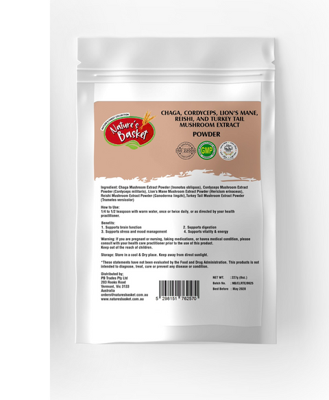 Mushroom extract powder package with label on a white background