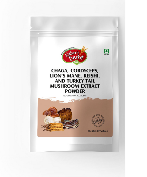 5 Mushroom Extract Blend Powder – 227g – Includes Chaga, Cordyceps, Lion’s Mane, Reishi & Turkey Tail for immunity, focus & energy support.