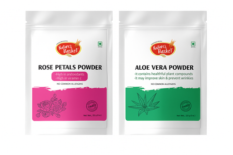 Nature’s Basket Face Pack Bundle with Rose Petals and Aloe Vera Powders, shown in resealable white pouches on a clean background