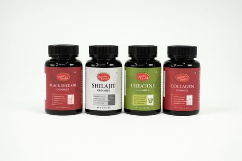 Four bottles of different types of gummies on a white background