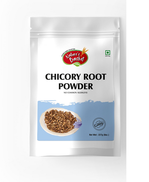 Front image of Natures Basket Chicory Root Powder 227g – pure Cichorium intybus powder in eco-friendly herbal supplement pouch.