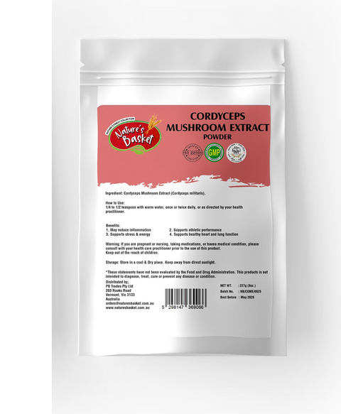 Package of Nature's Basket Cordyceps Mushroom Extract Powder on a white background