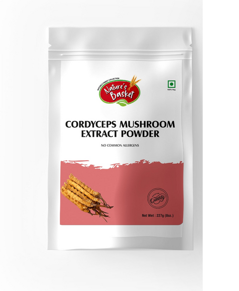 Natures Basket Cordyceps Mushroom Extract Powder – 227g pouch front and back view