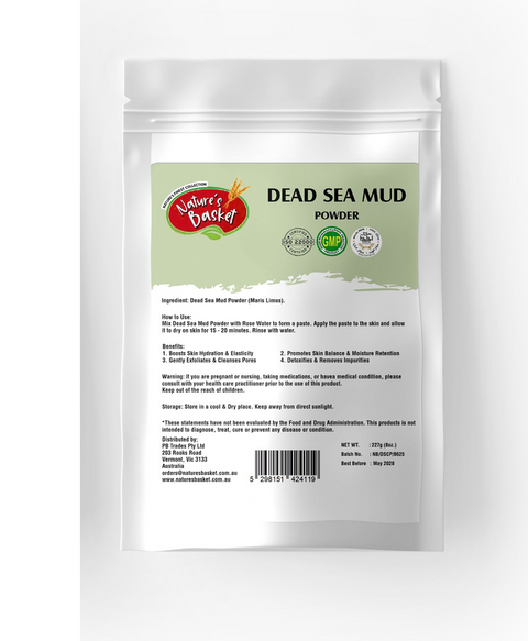Packaging of Dead Sea Mud Powder from Nature's Basket on a white background