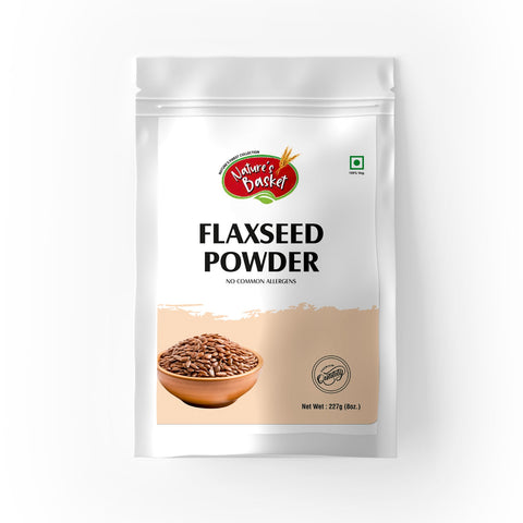 Package of Nature's Basket Flaxseed Powder on a white background