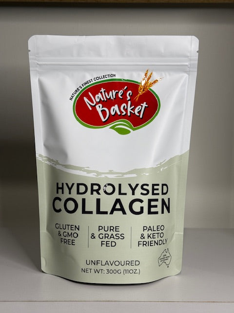 Nature's Basket hydrolysed collagen package on a gray background