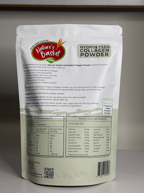Nature's Basket hydrolyzed collagen powder package on a gray background