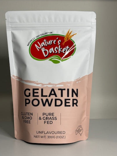 Natures Basket Bovine Gelatin Powder – 300g pouch front and back view