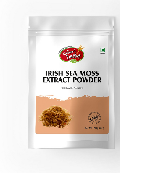 Front image of Natures Basket Irish Sea Moss Powder 227g – Wildcrafted red algae supplement in eco-conscious packaging.