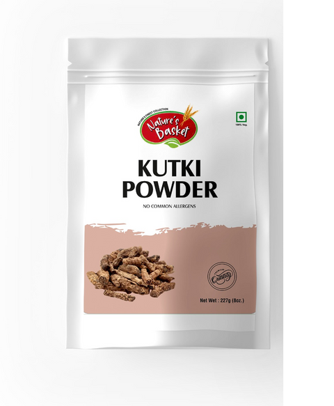 Front view of Natures Basket Kutki Powder – 227g herbal liver support supplement in eco-friendly packaging.