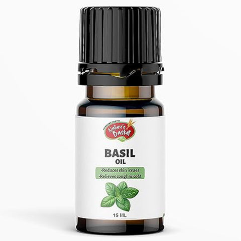 Nature's Basket Pure and Natural Basil Essential Oil for Skin, Hair Care, Stress Relief - Undiluted Essential Oil with Dropper for Aromatherapy and Relaxation - 15ml